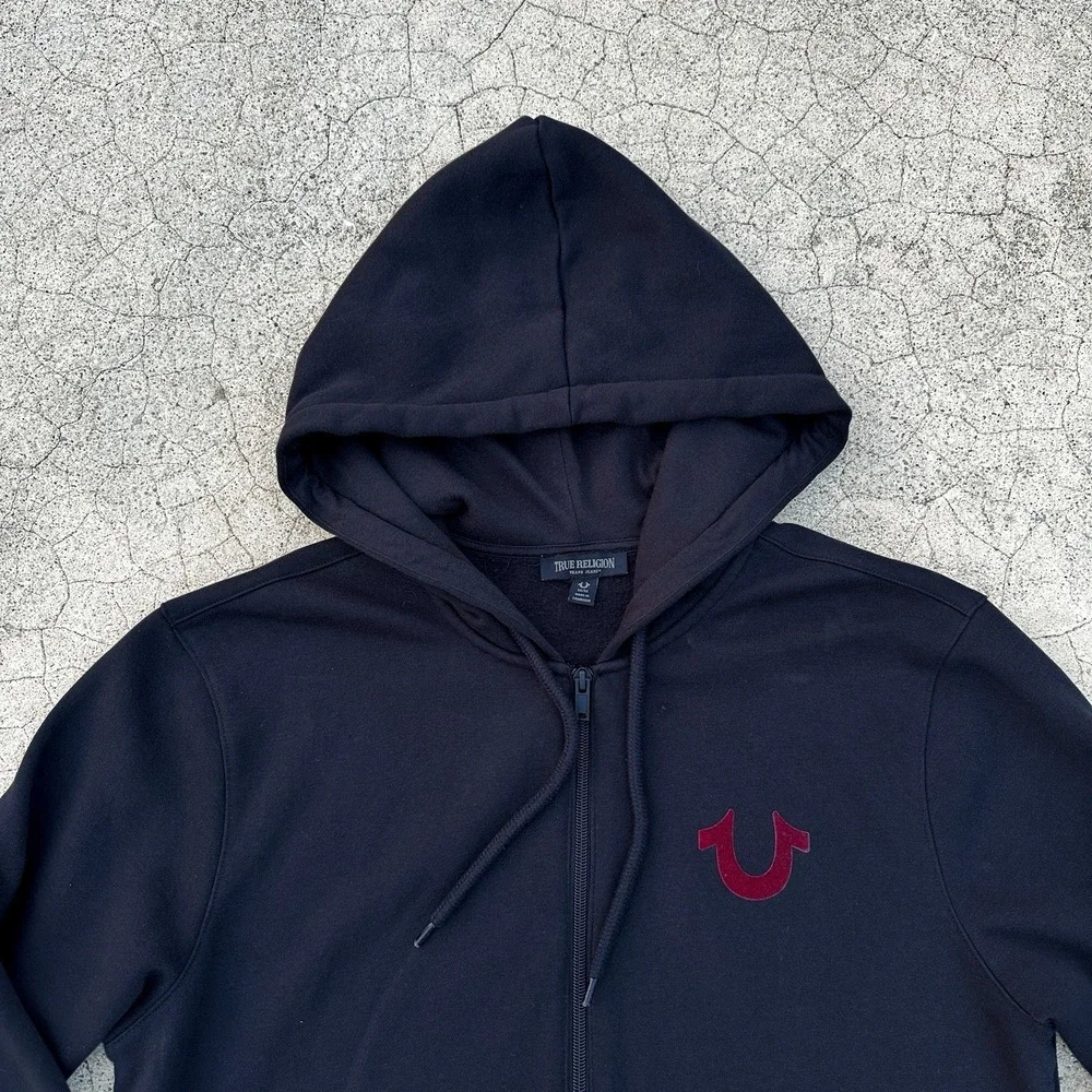 True Religion Hoodie Mens Size M Black Full Zip Horseshoe Logo Sweatshirt Casual